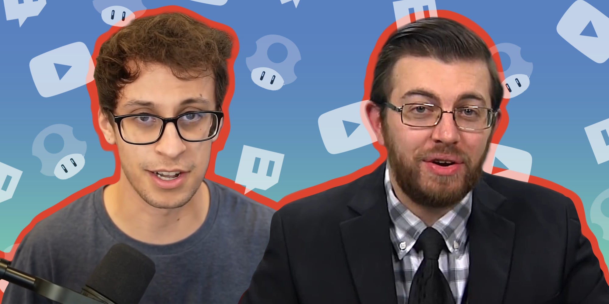 PointCrow and Jogwheel speaking in front of blue to light green vertical gradient background with Nintendo mushroom, Twitch, and YouTube icons Passionfruit Remix