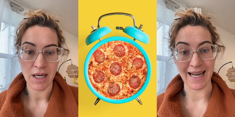 customer speaking in front of white walls and window (l) pizza timer in front of yellow background (c) customer speaking in front of white walls and window (r)