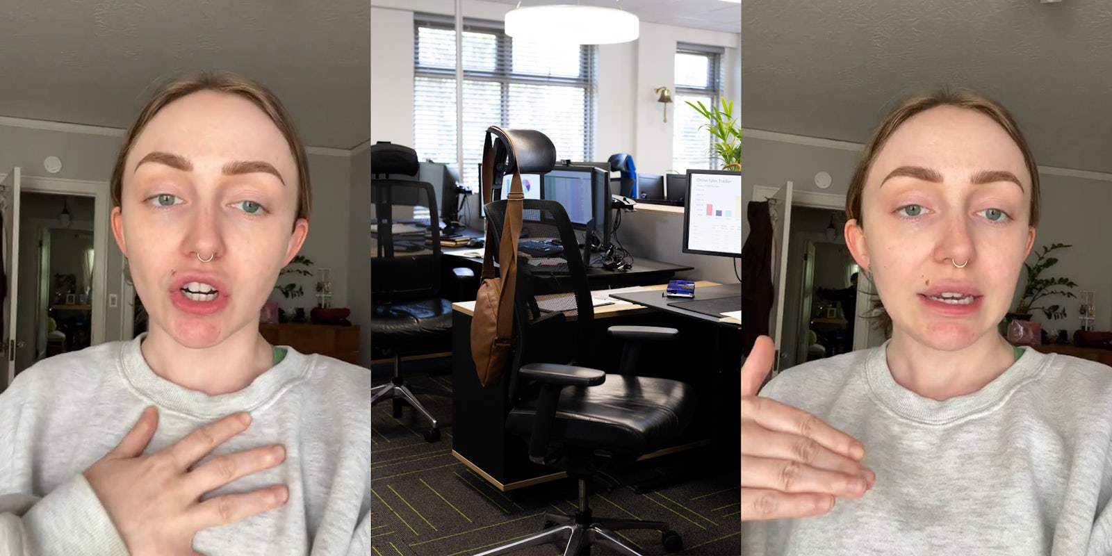 remote worker speaking (l) office chair in office (c) remote worker speaking (r)
