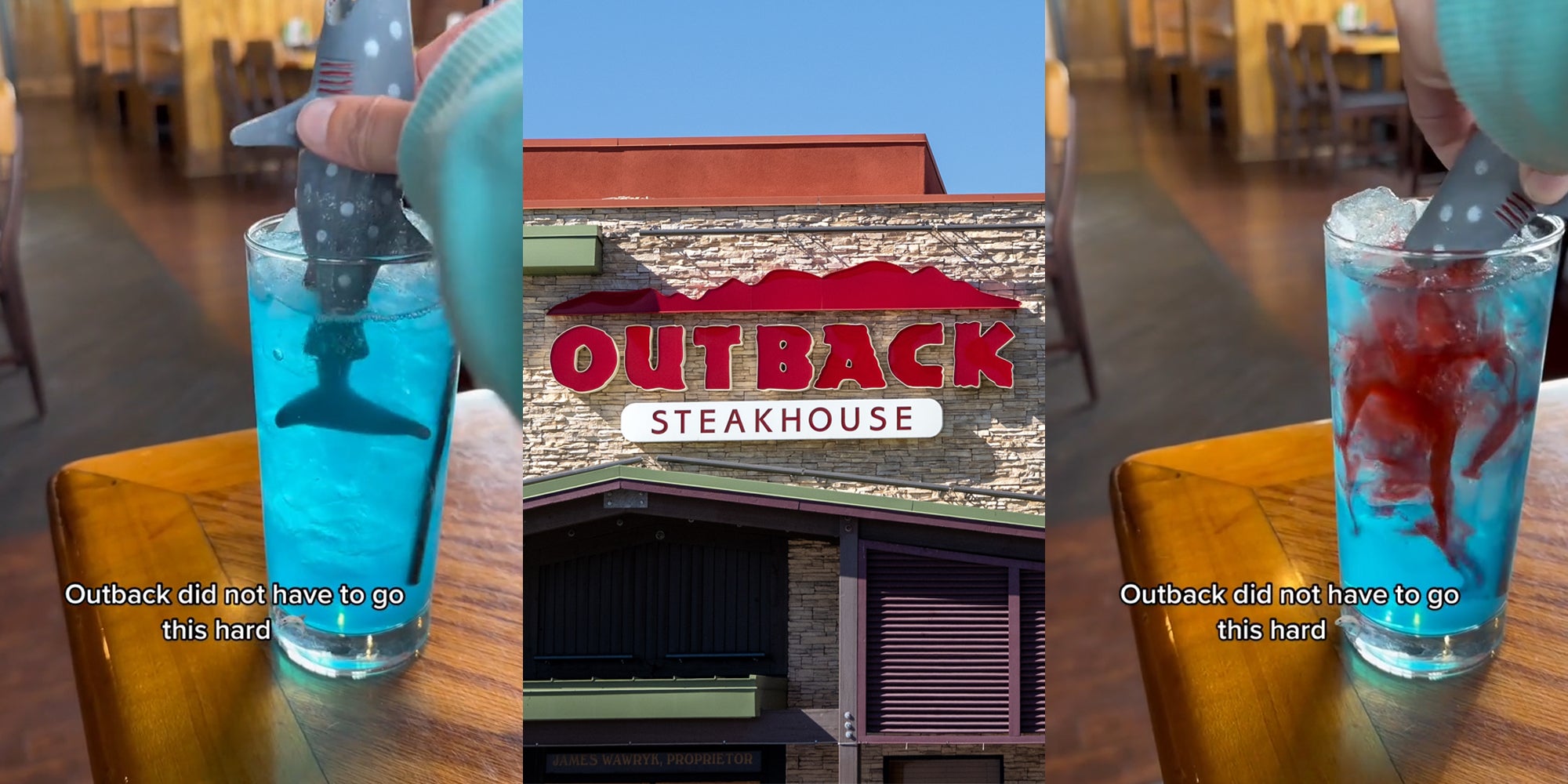 drink on table with shark being pulled out by customer with caption "Outback did not have to go this hard" (l) Outback Steakhouse building with sign (c) drink on table with shark pouring red liquid inside with caption "Outback did not have to go this hard" (r)