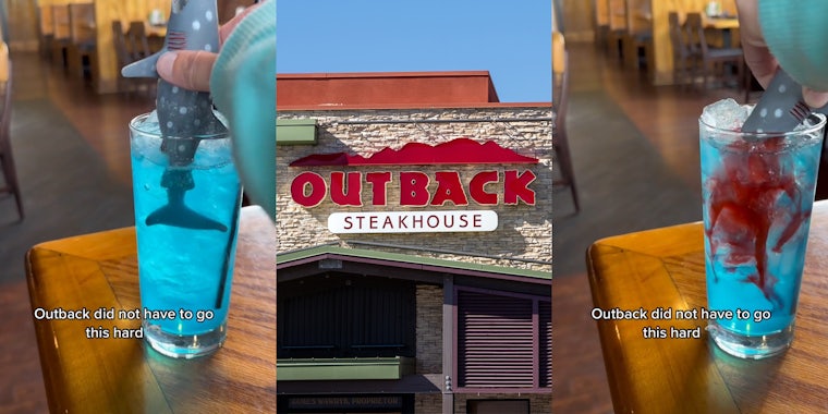 drink on table with shark being pulled out by customer with caption 'Outback did not have to go this hard' (l) Outback Steakhouse building with sign (c) drink on table with shark pouring red liquid inside with caption 'Outback did not have to go this hard' (r)