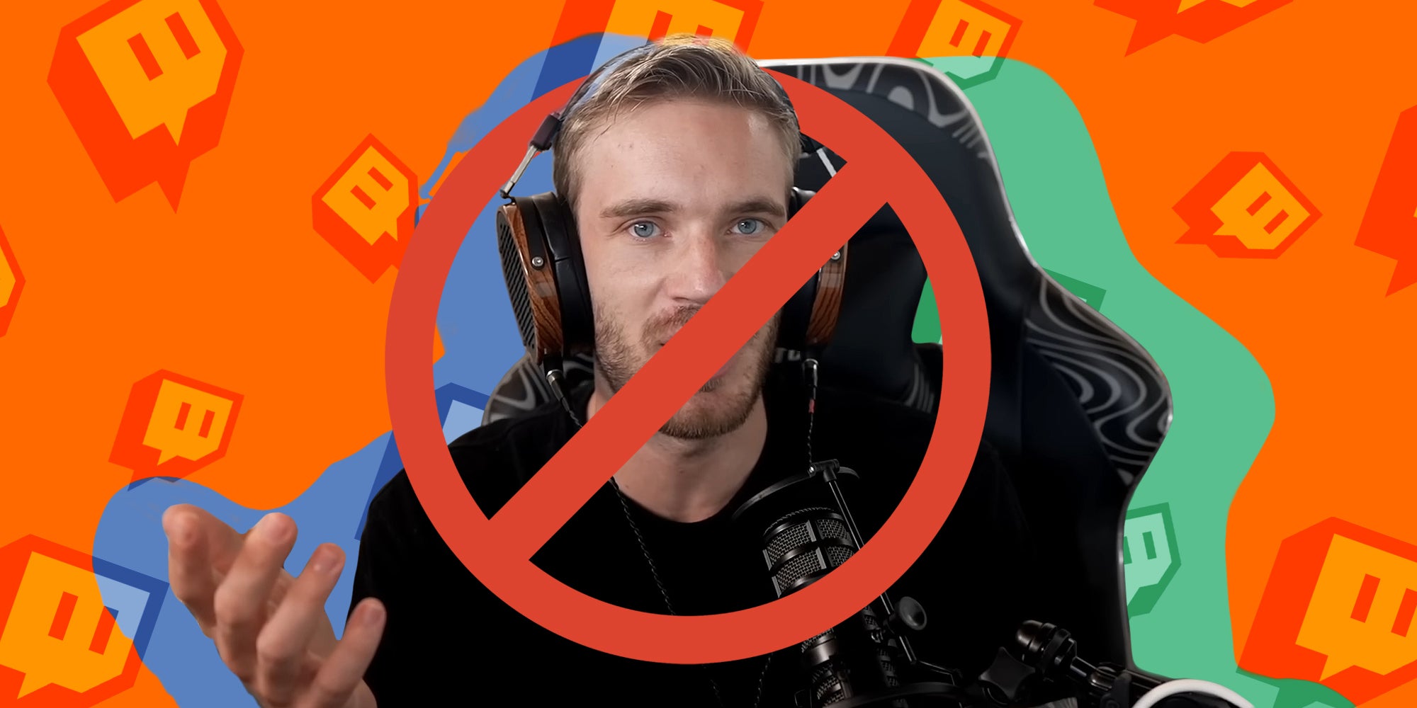 PewDiePie speaking with headphones on with red ban circle over face in front of orange and red Twitch logo background Passionfruit Remix