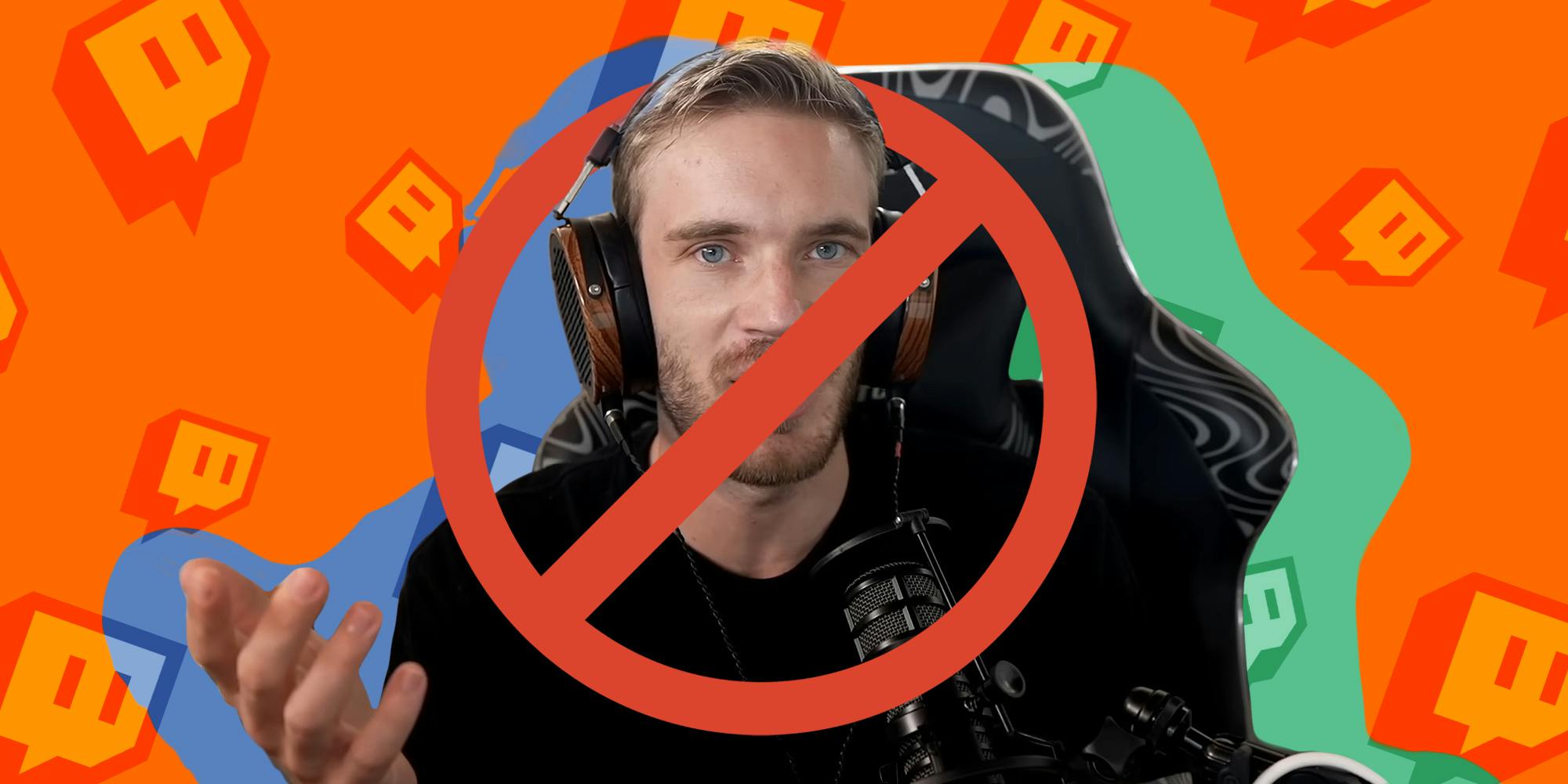 PewDiePie speaking with headphones on with red ban circle over face in front of orange and red Twitch logo background Passionfruit Remix