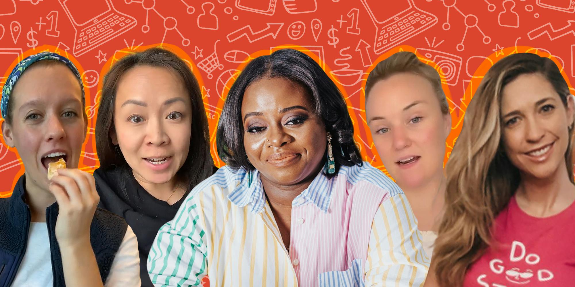 @plantedinthekitchen, @momcomnyc, Camile Wilson, @stephanieoq, and Cynthia Johnson in front of red social media icons background Passionfruit Remix