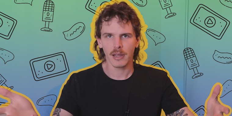 iDubbbz speaking in front of green to blue vertical gradient YouTube conversations icons background Passionfruit Remix
