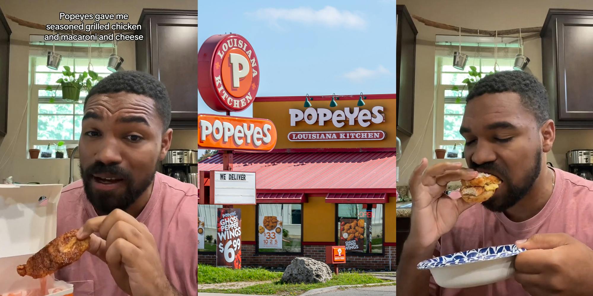 Popeyes customer with caption "Popeyes gave me seasoned grilled chicken and macaroni and cheese" (l) Popeyes restaurant with signs (c) Popeyes customer eating strawberry biscuit hack (r)