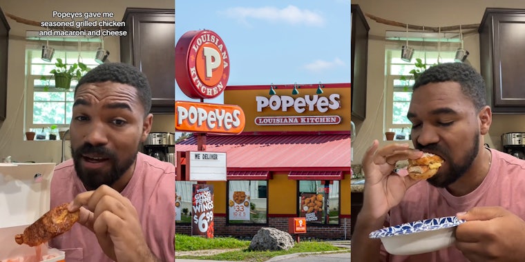 Popeyes customer with caption 'Popeyes gave me seasoned grilled chicken and macaroni and cheese' (l) Popeyes restaurant with signs (c) Popeyes customer eating strawberry biscuit hack (r)