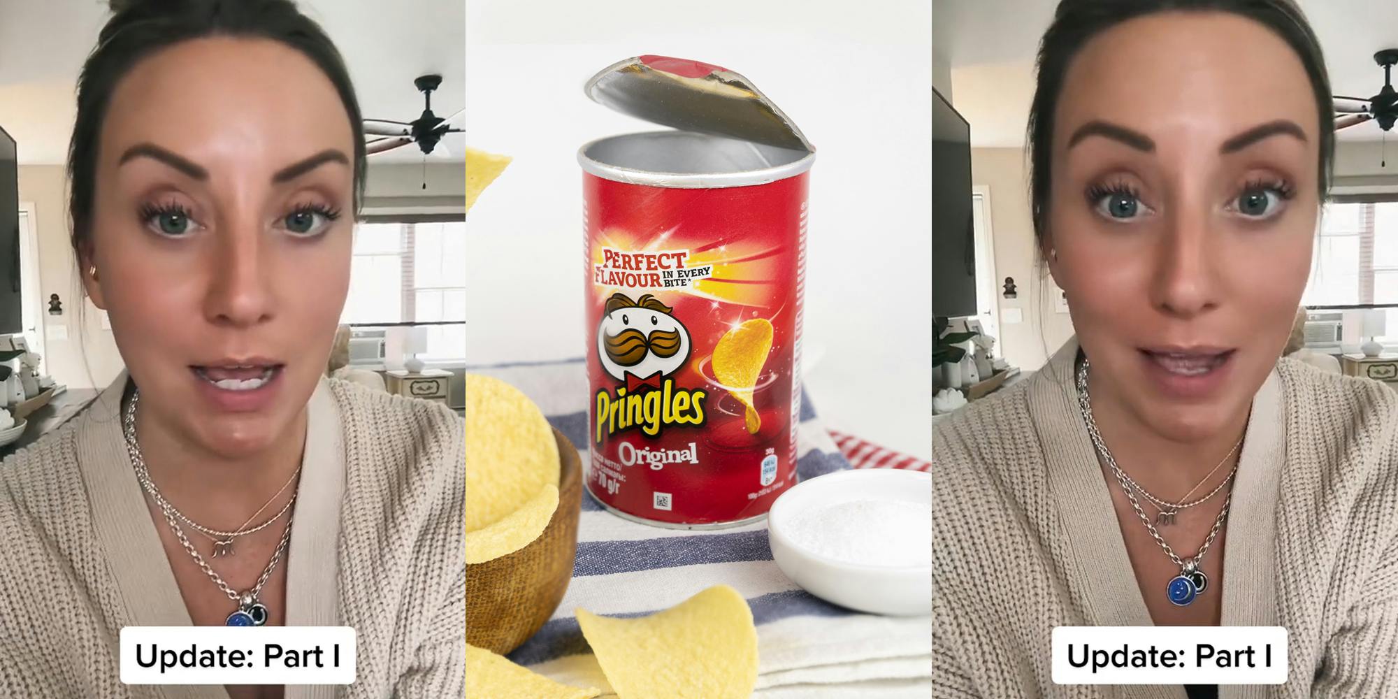 mother speaking with caption "Update: Part 1" (l) Pringles cup on stripped napkin in front of white background (c) mother speaking with caption "Update: Part 1" (r)
