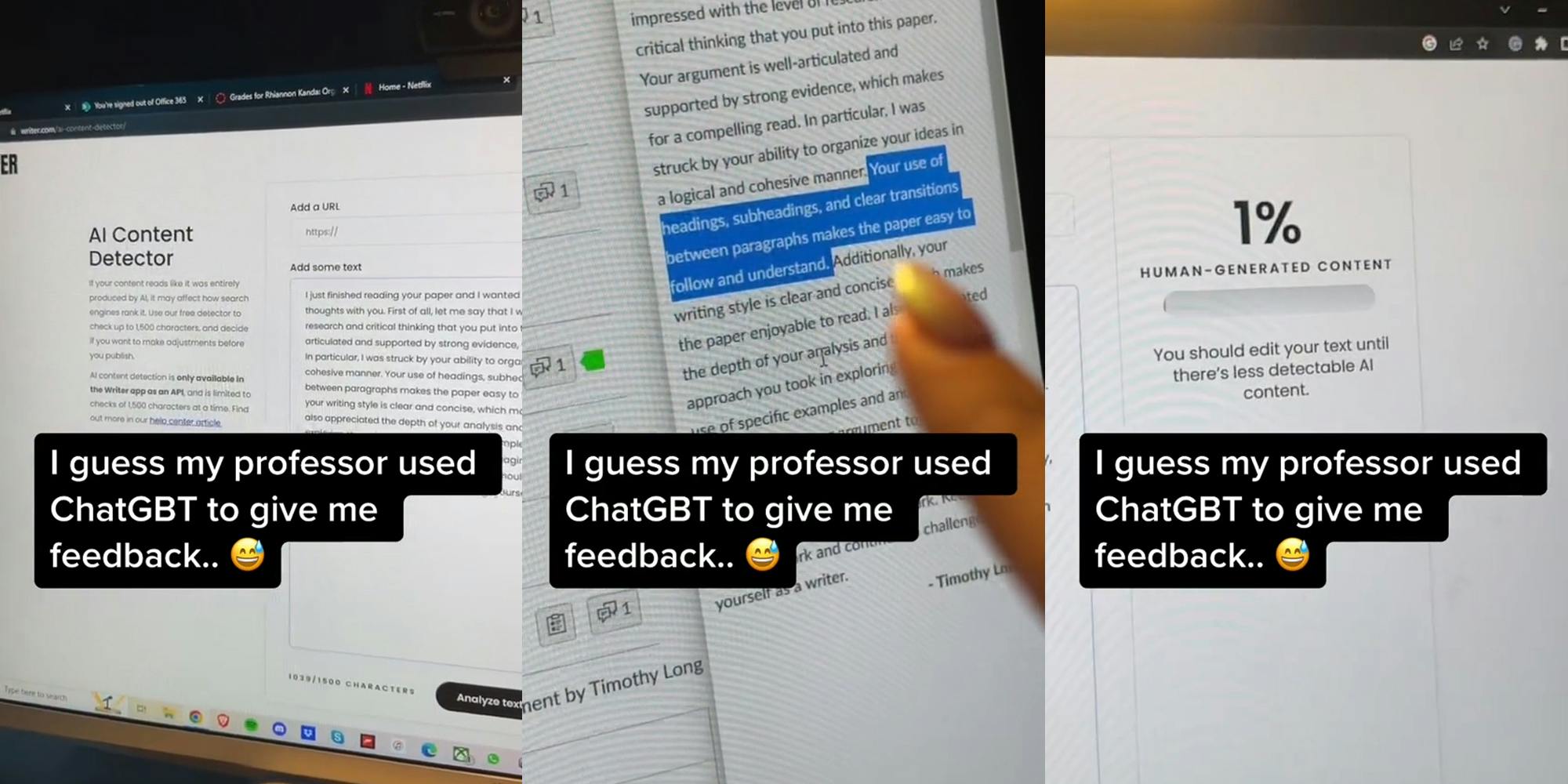 computer screen on Ai Content Detector website with caption "I guess my professor used ChatGBT to give me feedback" (l) computer screen with finger pointing to professor's grading with caption "I guess my professor used ChatGBT to give me feedback" (c) 1% human generated content on computer screen with caption "I guess my professor used ChatGBT to give me feedback" (r)