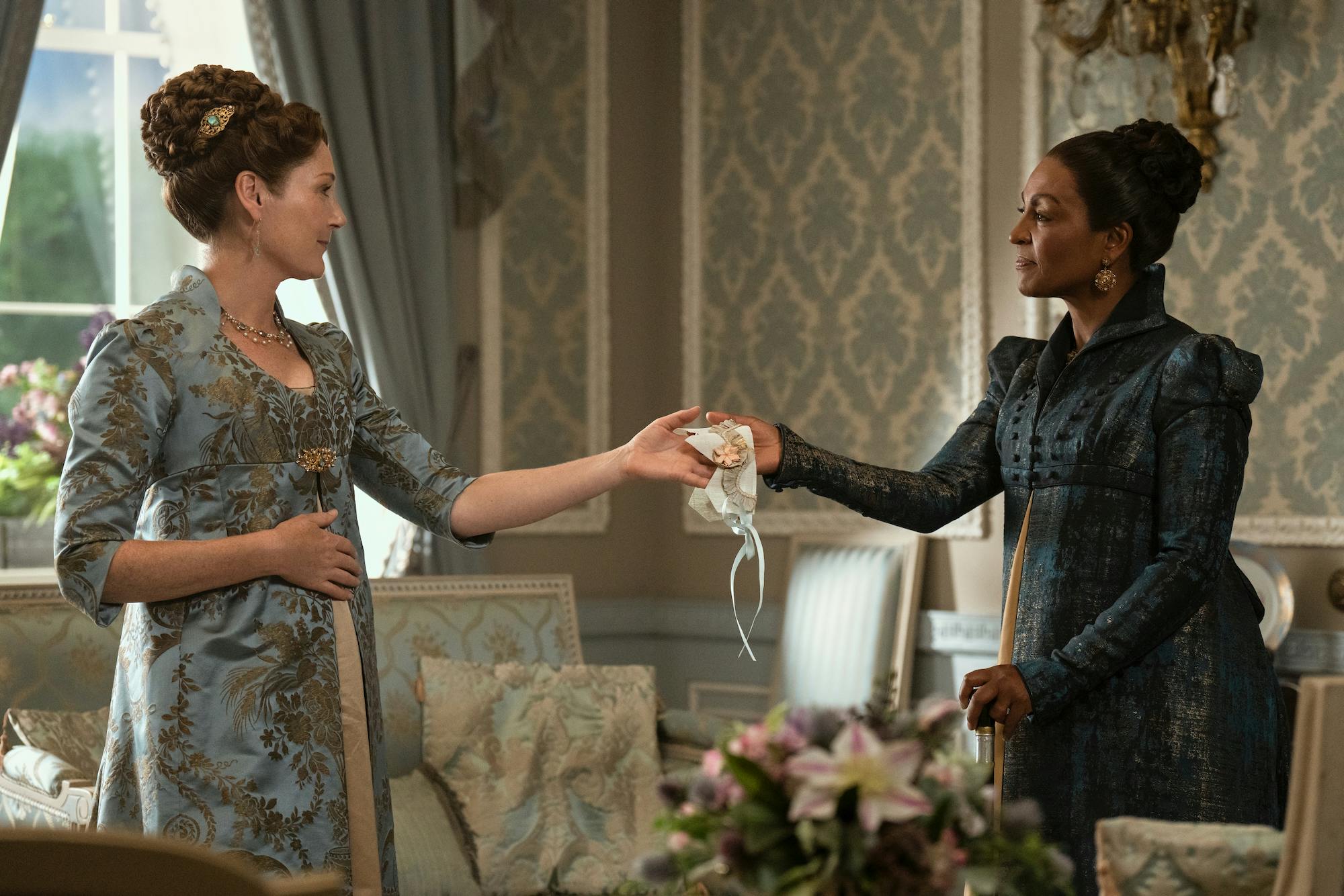 ruth gemmell (left) and adjoa andoh (right) in queen charlotte