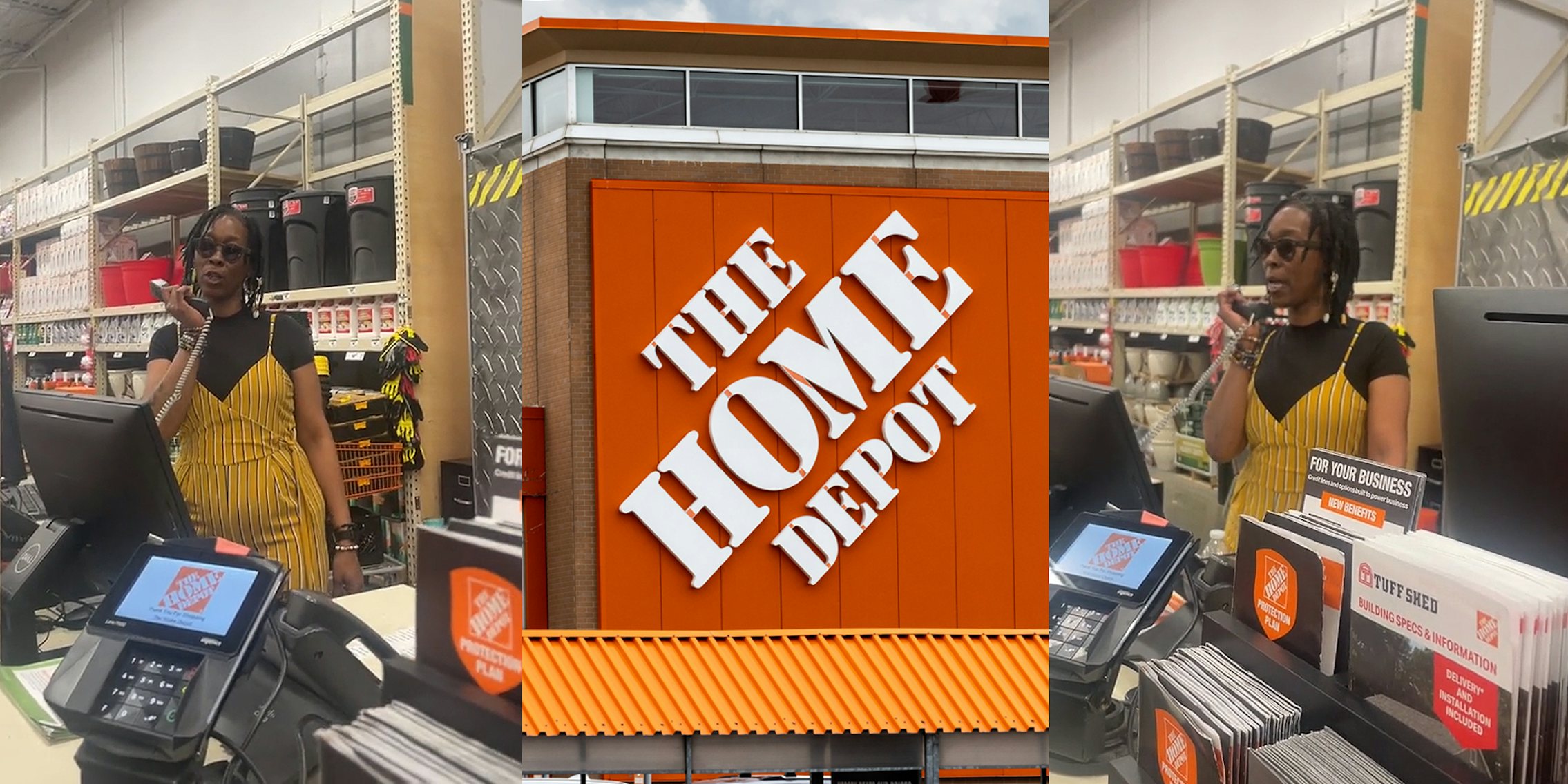 Home Depot worker speaking behind counter into store intercom (l) The Home Depot sign on building (c) Home Depot worker speaking behind counter into store intercom (r)