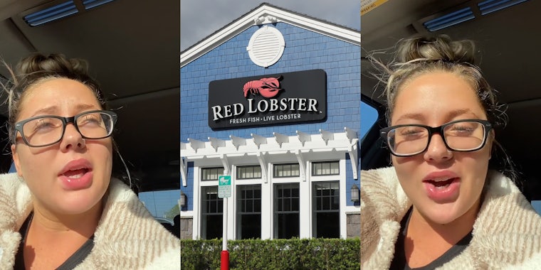 former Red Lobster employee speaking in car (l) Red Lobster building with sign (c) former Red Lobster employee speaking in car (r)