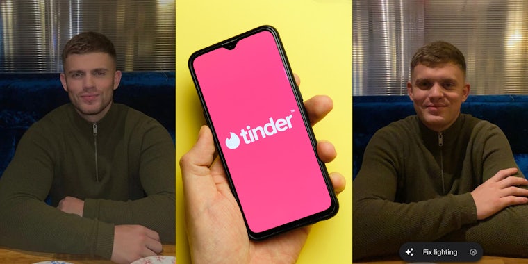 man Tinder image (l) Tinder on phone screen in hand in front of yellow background (c) man original image (r)