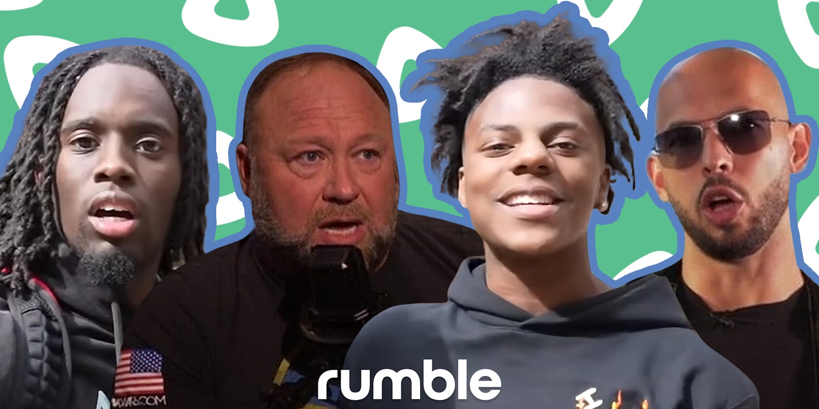 Kai Cenat, Alex Jones, iShowSpeed, and Andrew Tate in front of green Rumble logo background with Rumble logo centered at bottom Passionfruit Remix