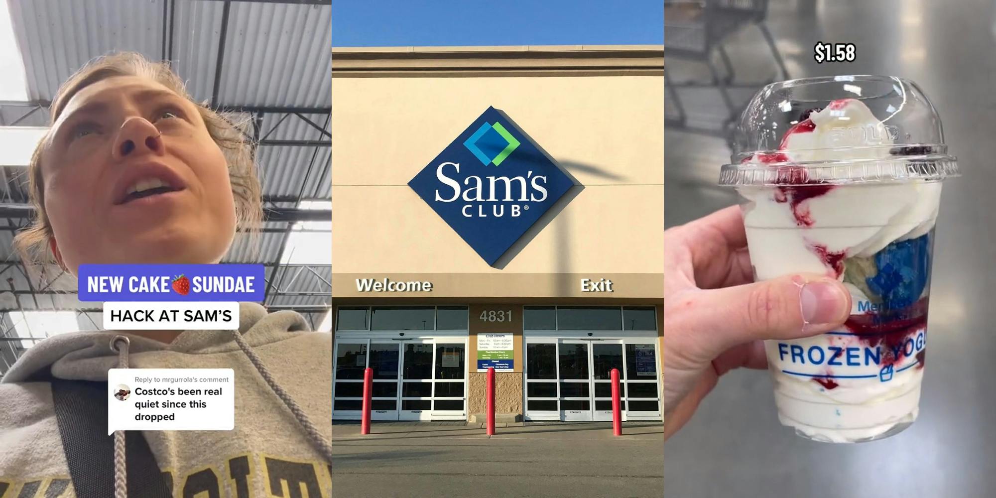 Sam's club customer speaking with caption "New Cake Sudae HACK AT SAM'S" (l) Sam's Club entrance with sign above (c) Sam's Club birthday cake sundae in hand with caption "$1.58" (r)