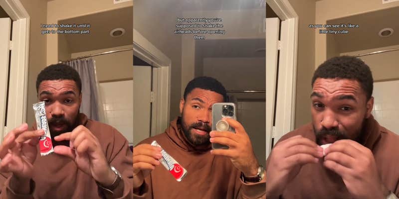 person holding Airheads speaking in bathroom with caption "I need to shake it until it gets to the bottom part" (c) person speaking in bathroom holding Airheads with caption "but apparently you're supposed to shake the airheads before opening them" (c) person about to take bite of cubed Airheads speaking in bathroom with caption "as you can see it's like a little tiny cube" (r)