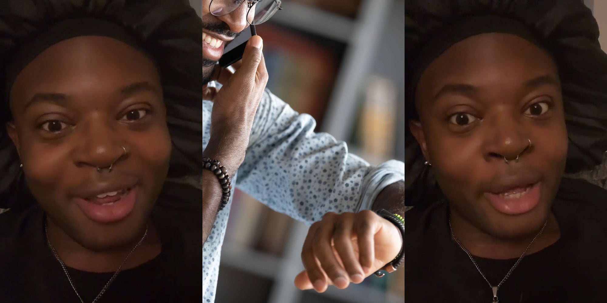 worker speaking (l) worker speaking on phone while checking watch (c) worker speaking (r)