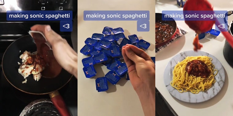 person pouring Sonic sauce containers into pan with caption 'making sonic spaghetti