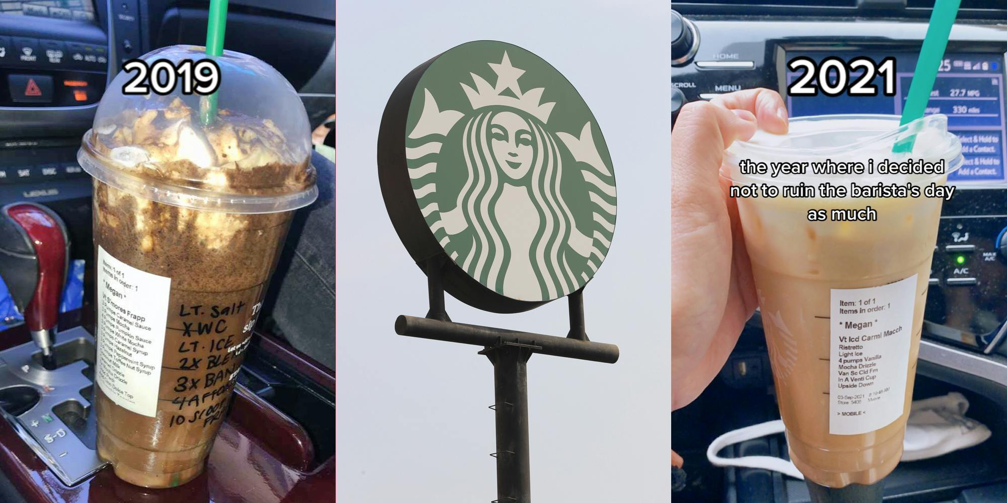 Starbucks drink in car with caption "2019" (l) Starbucks sign in front of cloudy sky (c) Starbucks drink in car with caption "2021 the year where I decided not to ruin the barista's day as much" (r)