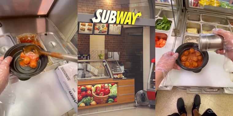 Subway worker putting meatballs in bowl (l) Subway sign above kiosk (c) Subway employee adding parmesan to bowl of meatballs (r)
