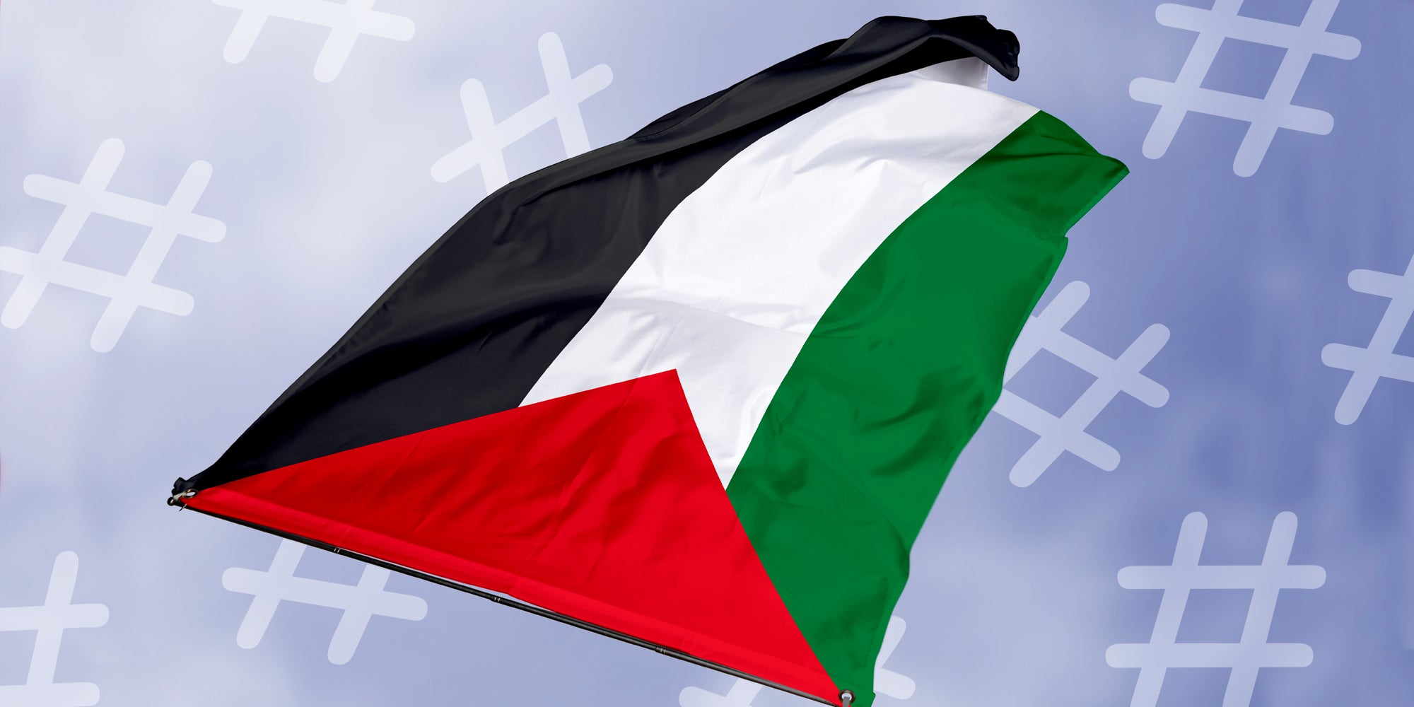 Sudanese flag in front of cloudy sky with hashtags in background