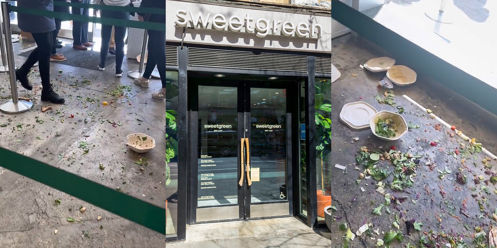 Sweetgreen interior with salad all over floor (l) Sweetgreen entrance with sign (c) Sweetgreen interior with salad all over floor (r)