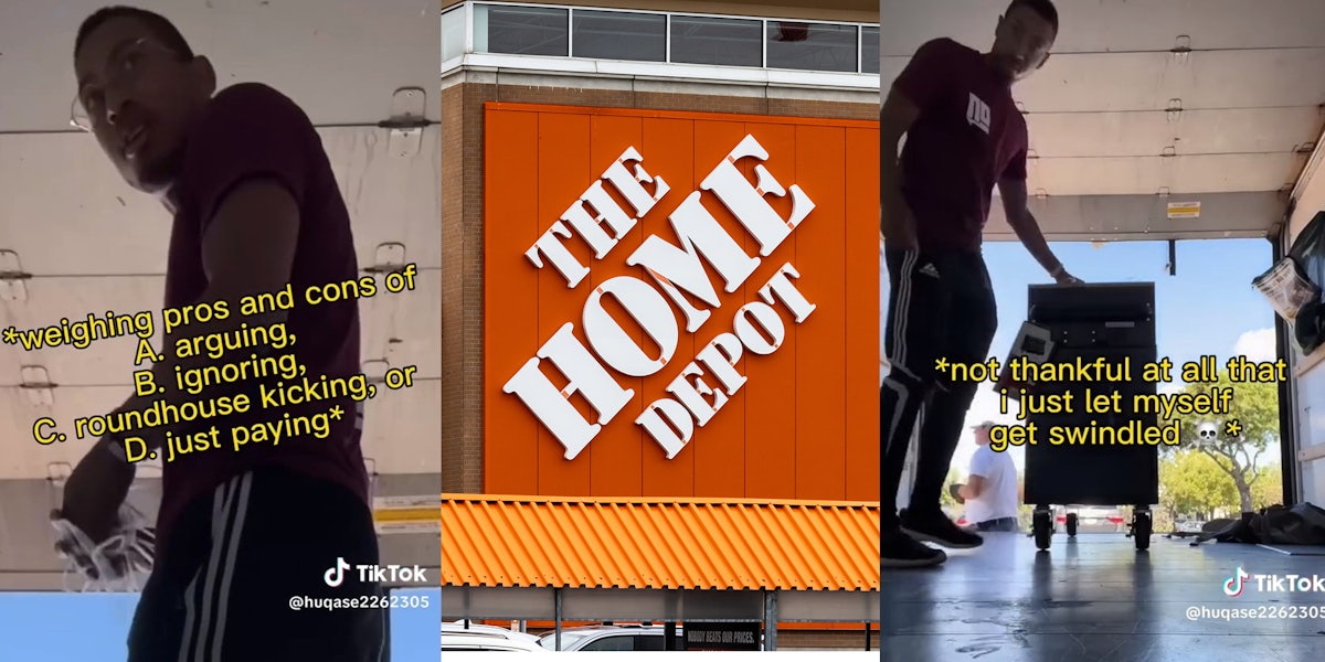 Customer at Home Depot explains how Stranger offers to help load new appliance into truck. Then he expected money