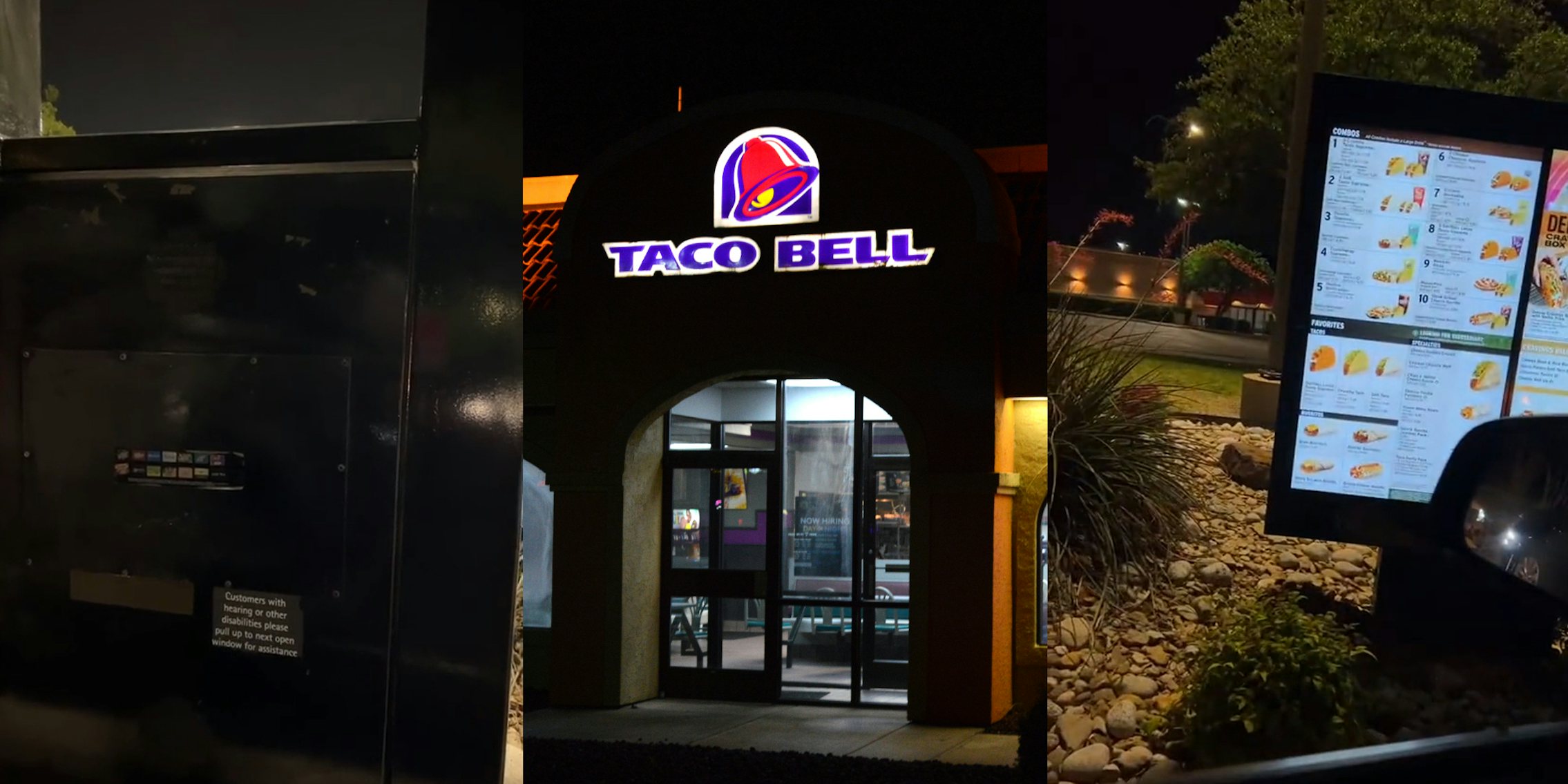 Taco Bell drive thru speaker (l) Taco Bell building with sign at night (c) Taco Bell outdoor menu at drive thru at night (r)