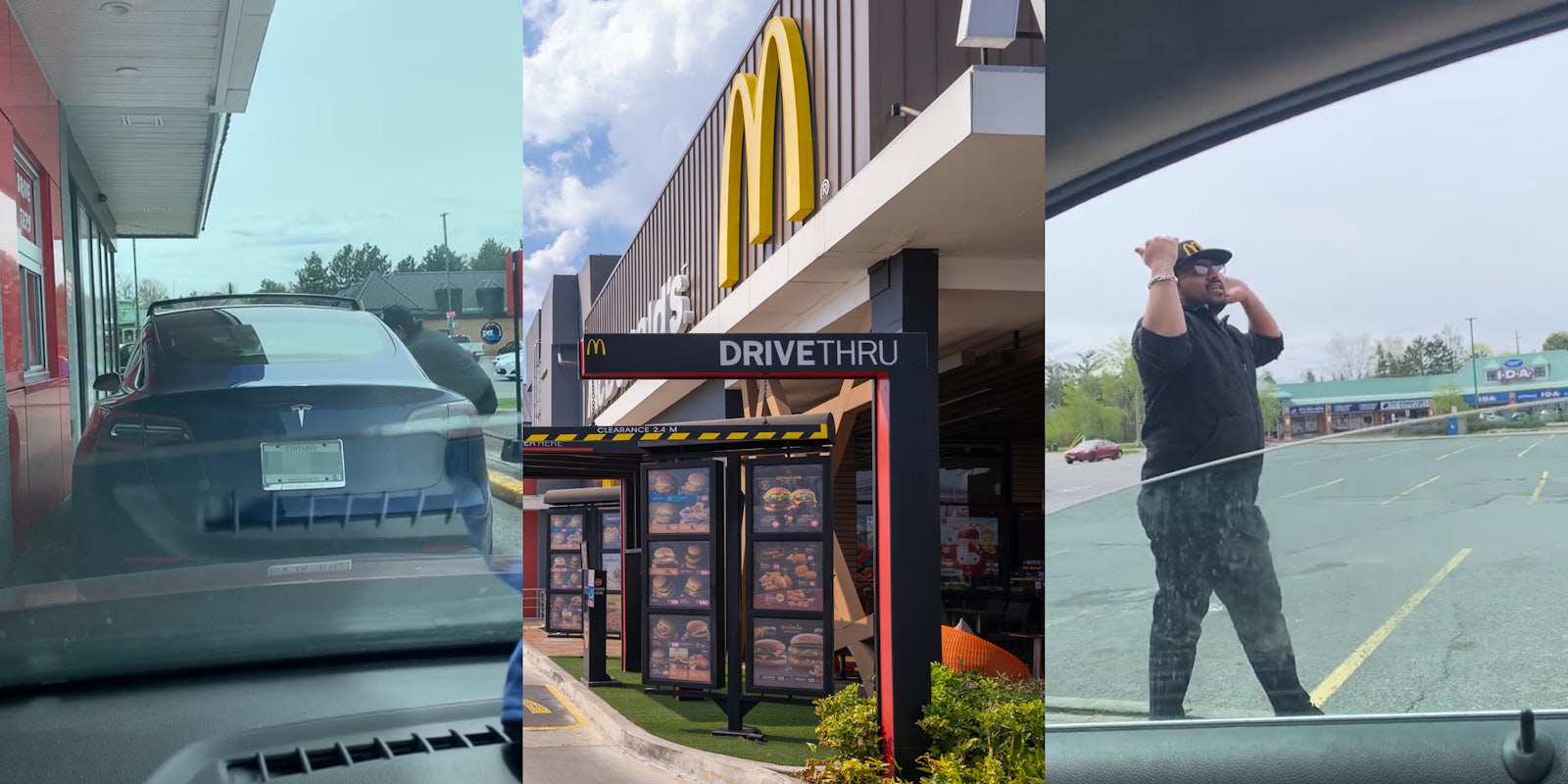 dead Tesla in McDonald's drive thru (l) McDonald's drive thru with sign (c) McDonald's employee speaking outside pointing left (r)