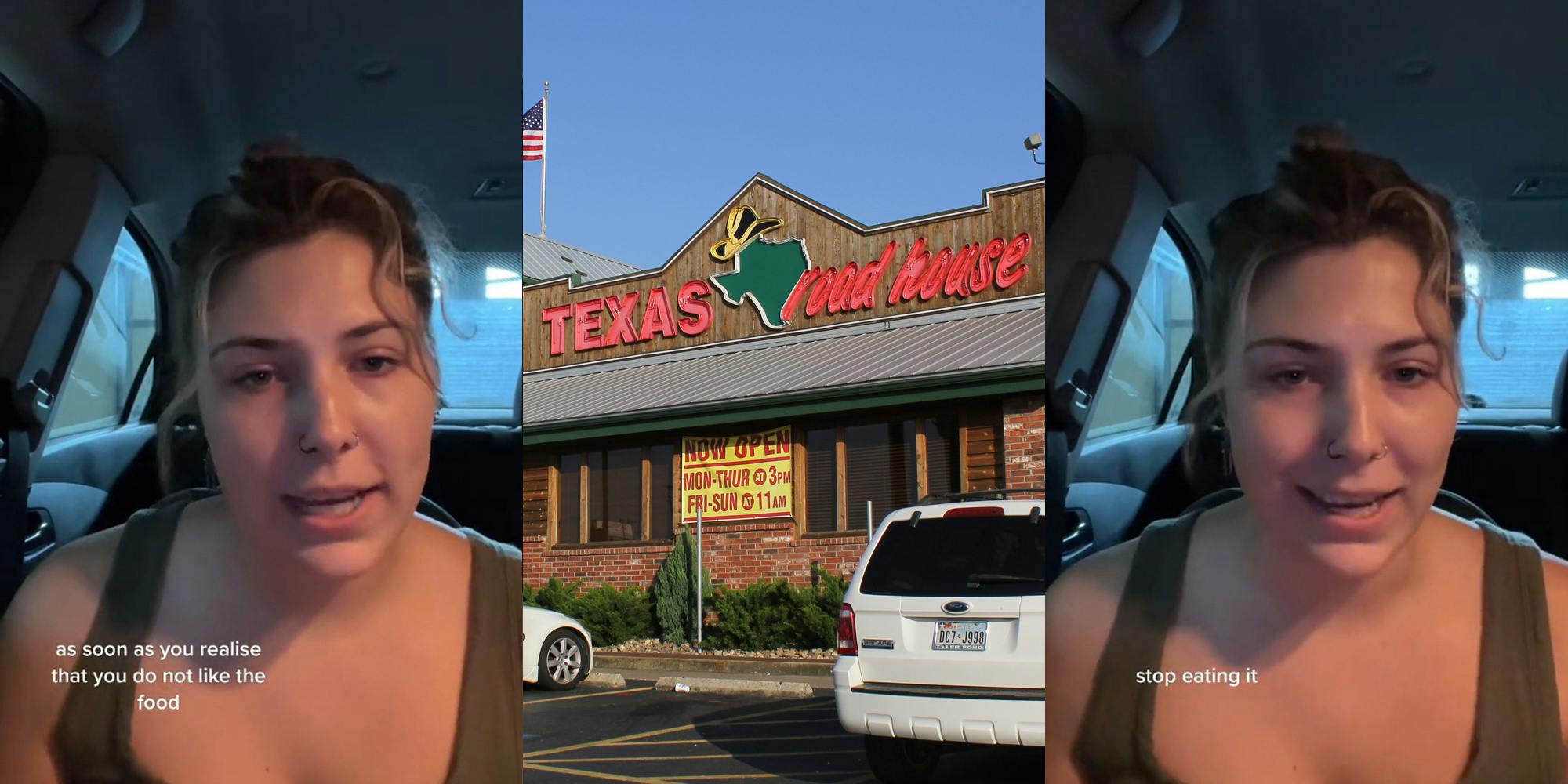 Texas Roadhouse server speaking in car with caption "as soon as you realize that you do not like the food" (l) Texas Roadhouse building with sign (c) Texas Roadhouse server speaking in car with caption "stop eating it" (r)