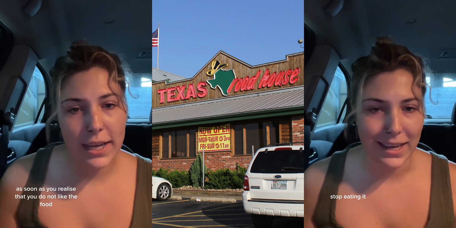 Texas Roadhouse server speaking in car with caption 'as soon as you realize that you do not like the food' (l) Texas Roadhouse building with sign (c) Texas Roadhouse server speaking in car with caption 'stop eating it' (r)