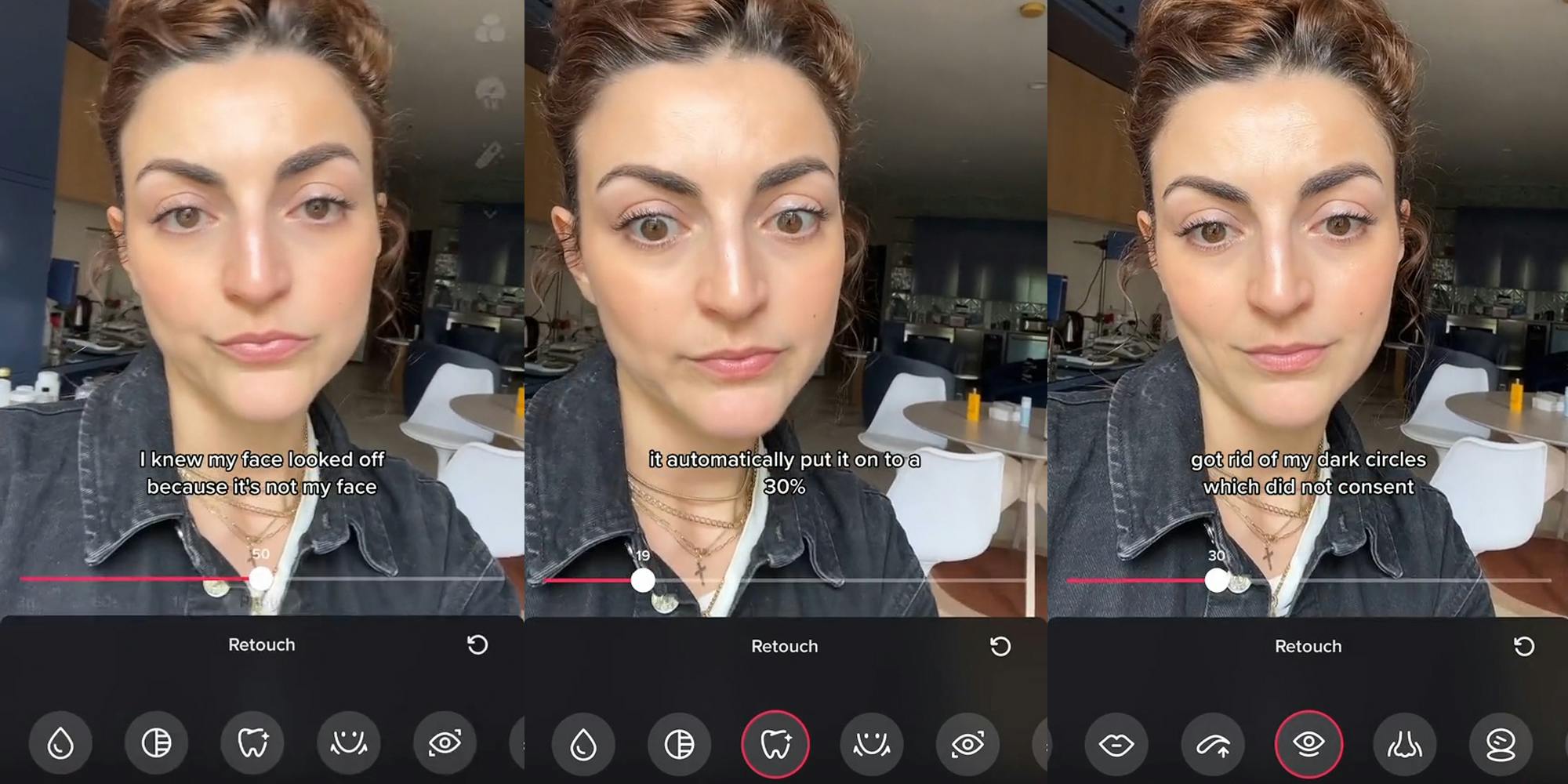 TikTok user in retouch with caption "I knew my face looked off because it's not my face" (l) TikTok user in retouch with caption "it automatically put it on to a 30%" (c) TikTok user in retouch with caption "got rid of my dark circles which did not consent" (r)