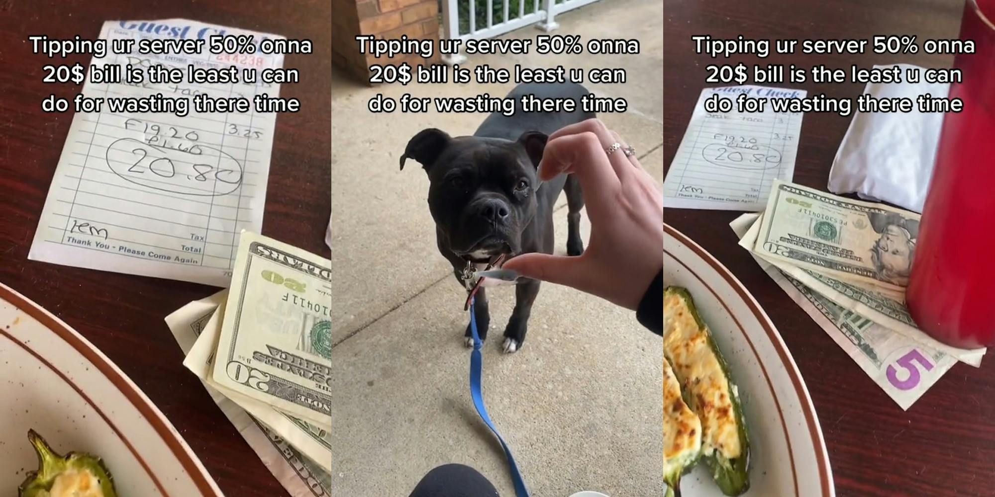 bill on table with cash tip with caption "Tipping ur server 50% onna 20$ bill is the least u can do for wasting there time" (l) dog with hand with caption "Tipping ur server 50% onna 20$ bill is the least u can do for wasting there time" (c) bill on table with cash tip with caption "Tipping ur server 50% onna 20$ bill is the least u can do for wasting there time" (r)