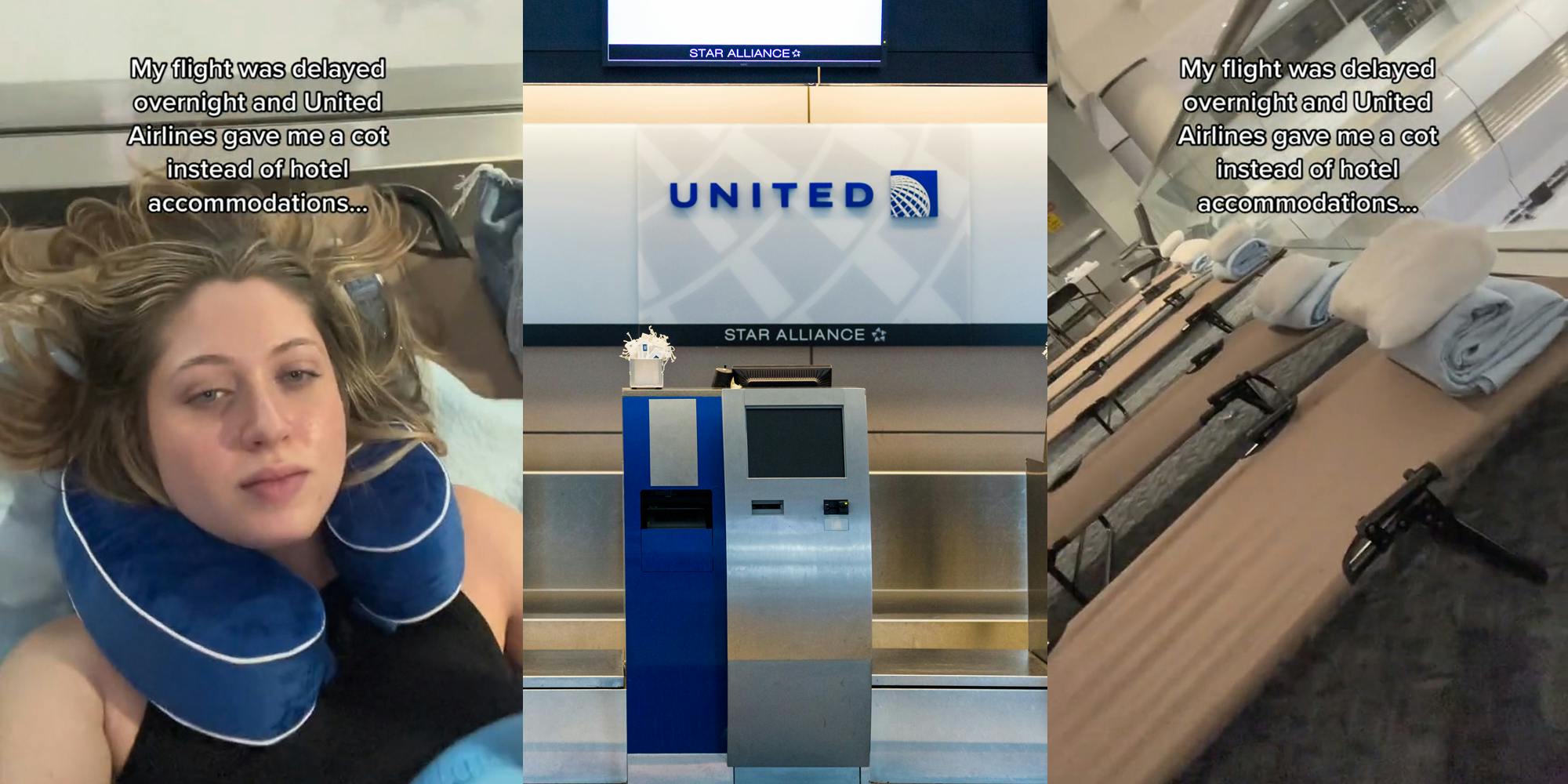 United Airlines customer with caption "My flight was delayed overnight and United Airlines gave me a cot instead of hotel accommodations" (l) United Airlines sign inside on wall (c) United Airlines cots lined up with caption "My flight was delayed overnight and United Airlines gave me a cot instead of hotel accommodations" (r)