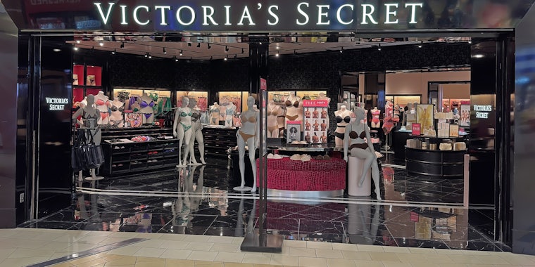 Victoria's Secret lingerie storefront entrance with sign