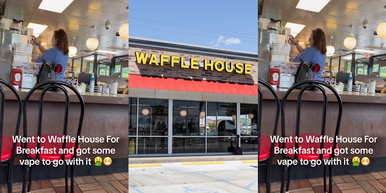 Waffle House worker vaping with caption 'Went to Waffle House for Breakfast and got some vape to go with it' (l) Waffle House restaurant with sign (c) Waffle House worker vaping with caption 'Went to Waffle House for Breakfast and got some vape to go with it' (r)