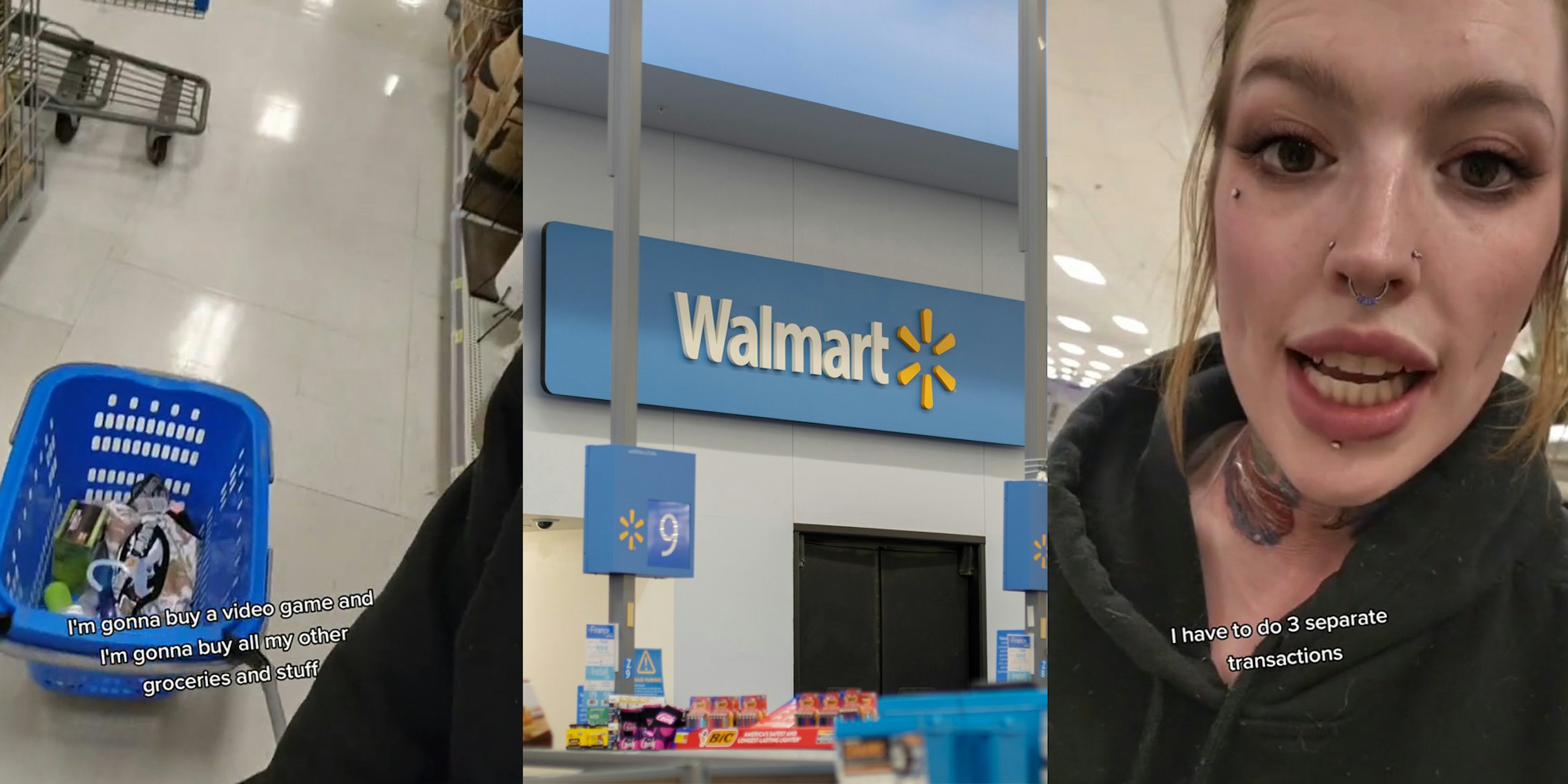 Walmart customer with cart with caption 'I'm gonna buy a video game and I'm gonna buy all my other groceries and stuff' (l) Walmart interior sign near checkout lanes (c) Walmart customer speaking with caption 'I have to do 3 separate transactions' (r)