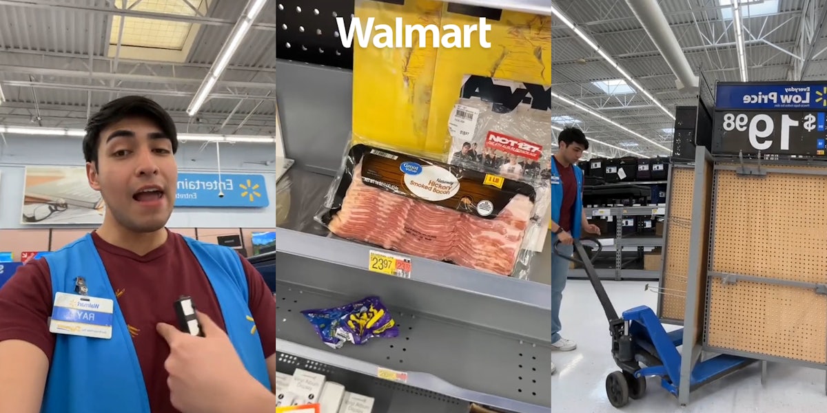 Walmart employee speaking (l) Walmart electronics section with bacon with Walmart logo above (c) Walmart employee putting display on dolly (r)