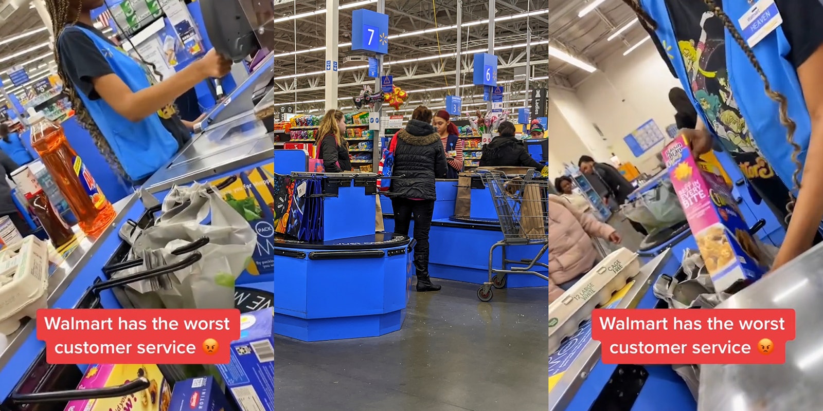 Walmart worker at checkout with caption 'Walmart has the worst customer service' (l) Walmart checkout with customers (c) Walmart worker at checkout with caption 'Walmart has the worst customer service' (r)