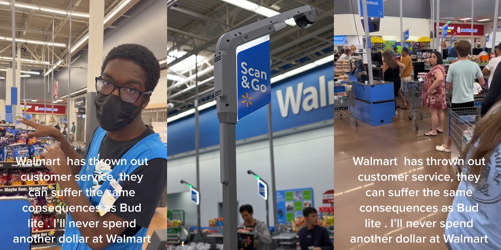 Walmart employee speaking with caption 'Walmart has thrown out customer service, they can suffer the same consequences as Bud lite. I'll never spend another dollar at Walmart' (l) Walmart self checkout sign (c) Walmart customers lined up at self checkout area with caption 'Walmart has thrown out customer service, they can suffer the same consequences as Bud lite. I'll never spend another dollar at Walmart' (r)