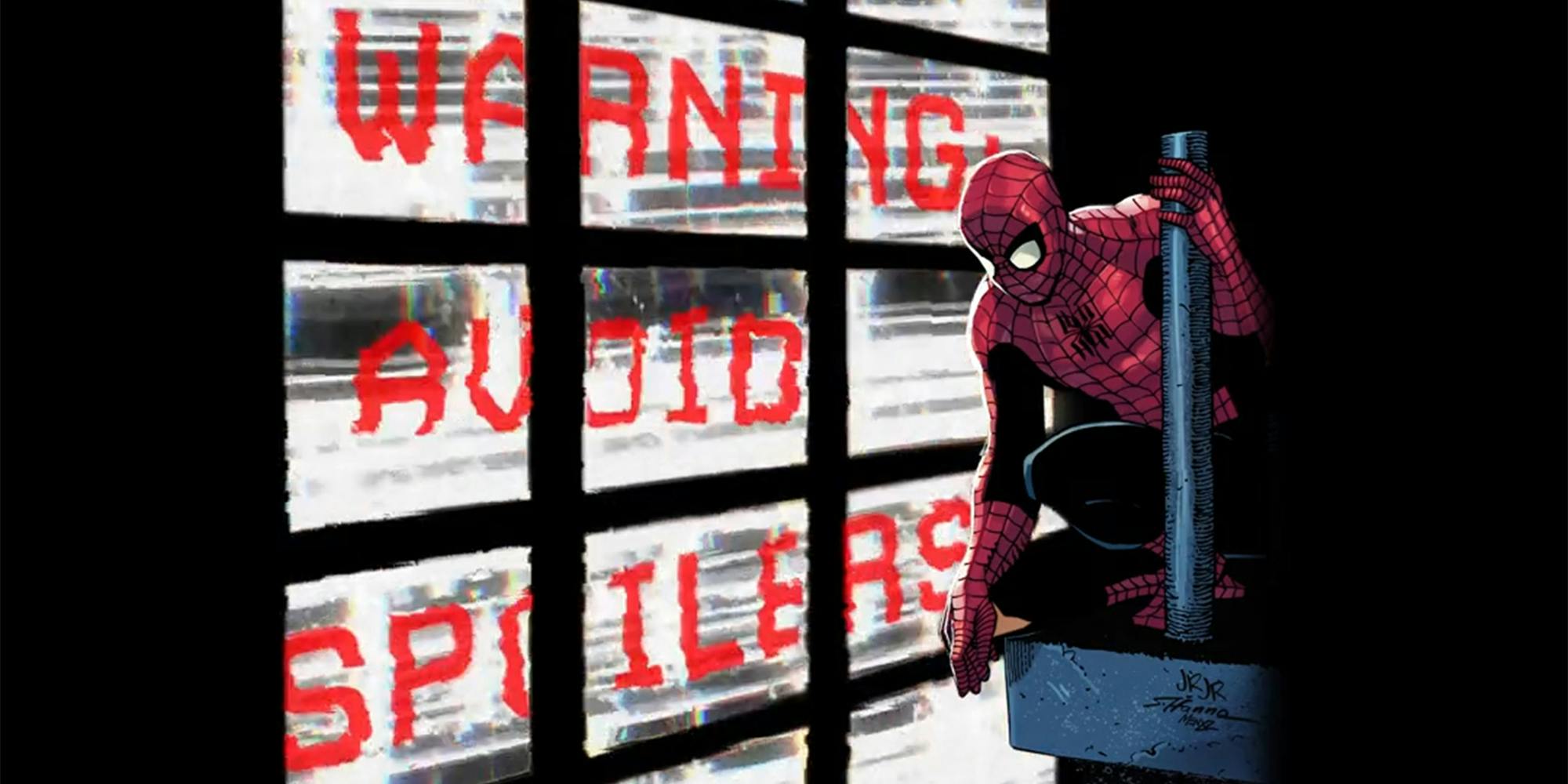 Spider Man with "Warning: Avoid spoilers" on television sets