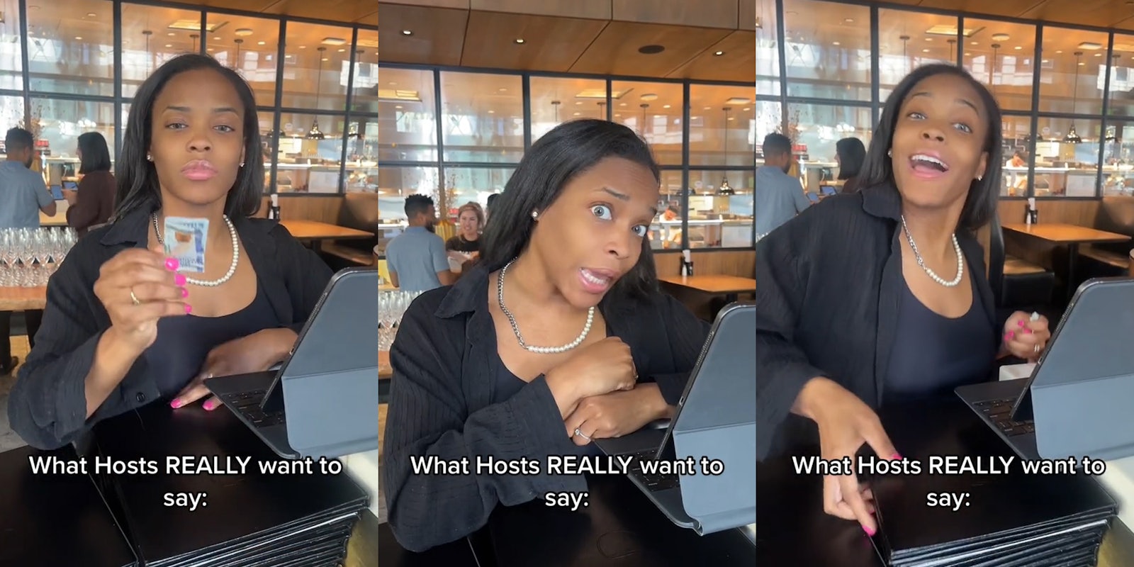 restaurant host holding cash with caption 'What Hosts REALLY want to say:' (l) restaurant host speaking with caption 'What Hosts REALLY want to say:' (c) restaurant host speaking with caption 'What Hosts REALLY want to say:' (r)