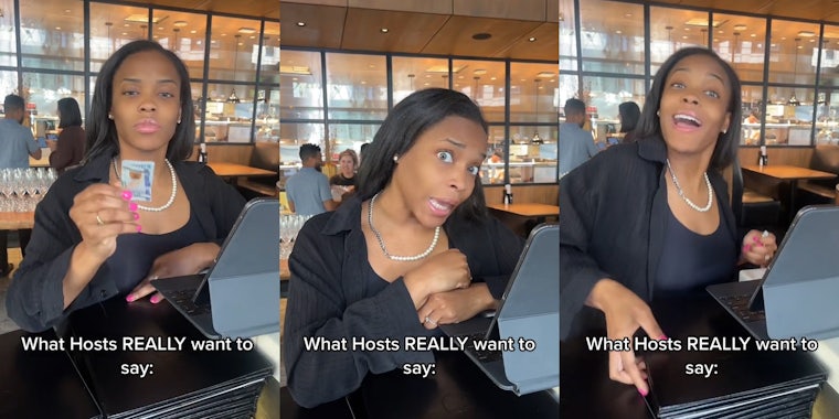 restaurant host holding cash with caption 'What Hosts REALLY want to say:' (l) restaurant host speaking with caption 'What Hosts REALLY want to say:' (c) restaurant host speaking with caption 'What Hosts REALLY want to say:' (r)