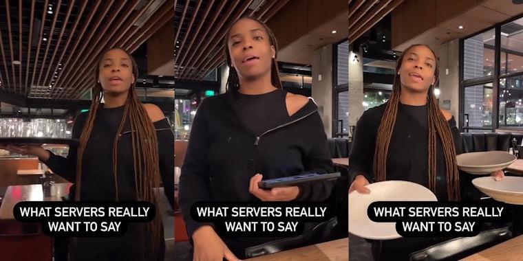 server speaking holding drinks with caption 'WHAT SERVERS REALLY WANT TO SAY' (l) server speaking with caption 'WHAT SERVERS REALLY WANT TO SAY' (c) server speaking holding plates with caption 'WHAT SERVERS REALLY WANT TO SAY' (r)
