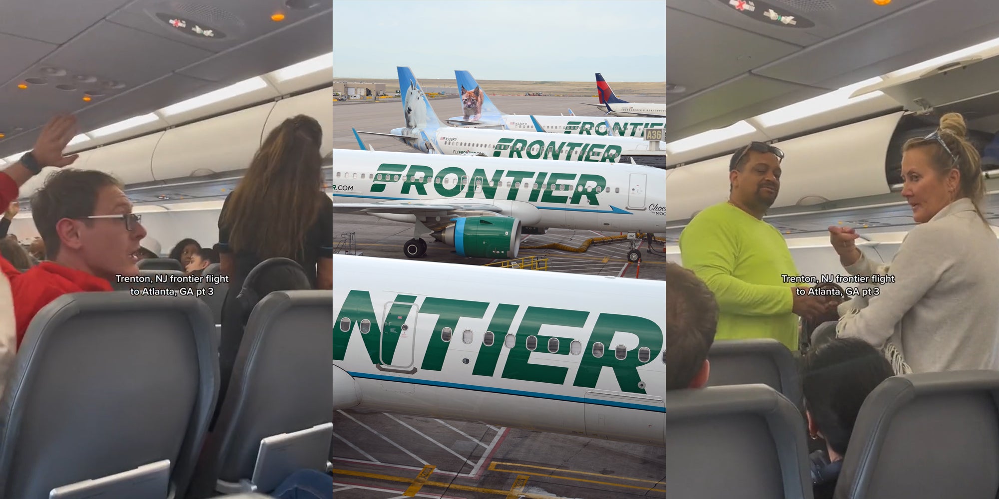 Frontier Airlines passenger speaking with caption "Trenton, NJ frontier flight to Atlanta, GA pt.3" (l) Frontier Airlines planes (c) Frontier Airlines passenger speaking with caption "Trenton, NJ frontier flight to Atlanta, GA pt.3" (r)