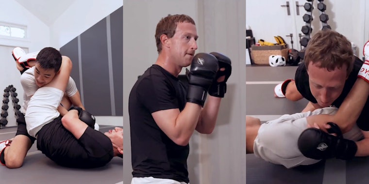 Khai Wu training with Mark Zuckerberg (l) Mark Zuckerberg standing with mm gloves on (c) Khai Wu training with Mark Zuckerberg (r)