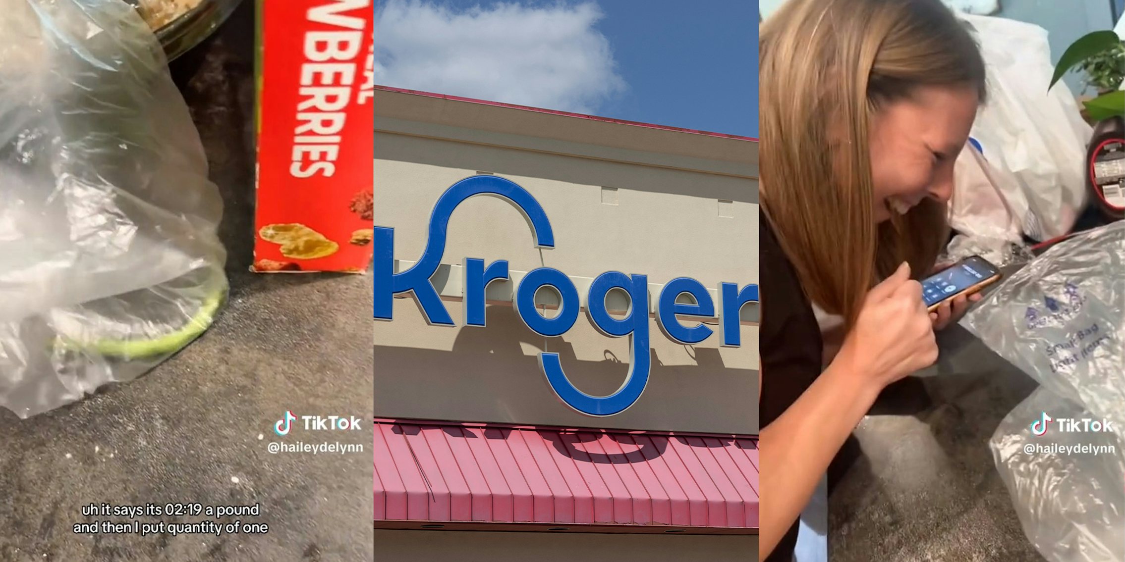one green bean in bag;Kroger Supermarket; woman laughing while talking to someone on the phone