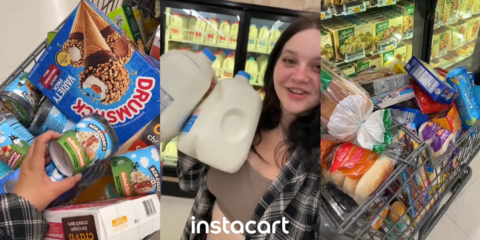 full grocery cart (l) Instacart shopper holding milk with Instacart logo at bottom (c) full grocery cart (r)