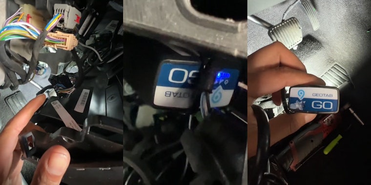 mechanic pointing to interior parts in car (l) tracker inside car (c) mechanic holding removed tracker in hand in car (r)