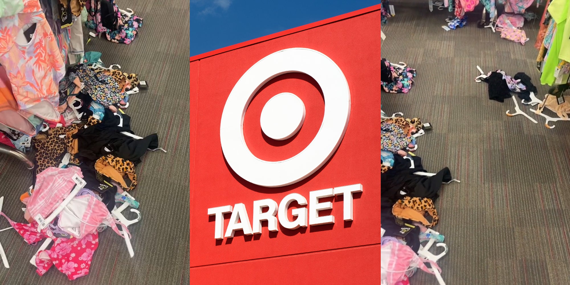 Target swimsuit section with clothes on the floor (l) Target sign on building with blue sky (c) Target swimsuit section with clothes on the floor (r)